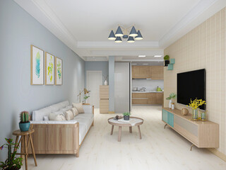 Modern family elegant living room design, the living room is placed with sofa, TV and table furniture and household appliances