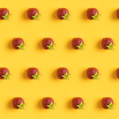 Diagonal pattern from ripe juicy strawberries on bright yellow background. Creative minimalist flat lay. Vitamins vegan healthy diet concept