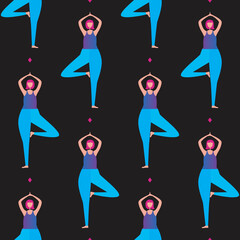 Seamless pattern with woman doing yoga, asanas isolated on black background as endless pattern, flat vector stock illustration as pattern for web