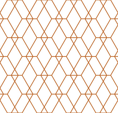 Interlocking grid of different sized diamond shapes in a repeating gold outline pattern on a white background, geometric vector illustration