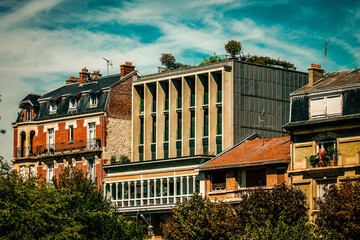 View of the facade of a building in the downtown of Reims in France
