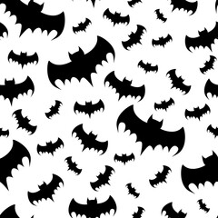 Black bat seamless pattern on white background. Halloween illustration. For gift paper, textiles, clothes, social networks, wallpaper, prints, festive decor
