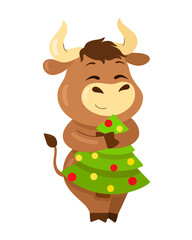Symbol of the upcoming New Year 2021, trending vector illustration with a cute bull with Christmas tree. Image on white background for holiday invitation, banner, postcard, logo and poster
