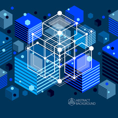 Engineering technological dark blue vector 3D wallpaper made with cubes and lines. Illustration of engineering system, abstract technological backdrop. Abstract technical background.