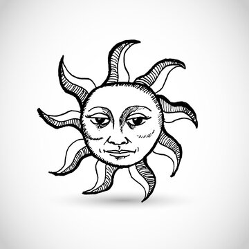Retro hand drawn vector sun with a face