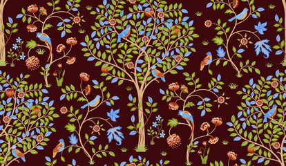 Fantasy tree with birds seamless ornament on burgundy background. Vector illustration