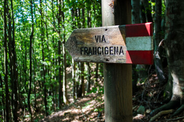 Una freccia di legno che indica la direzione della Via Francigena sul tratto appenninico	
