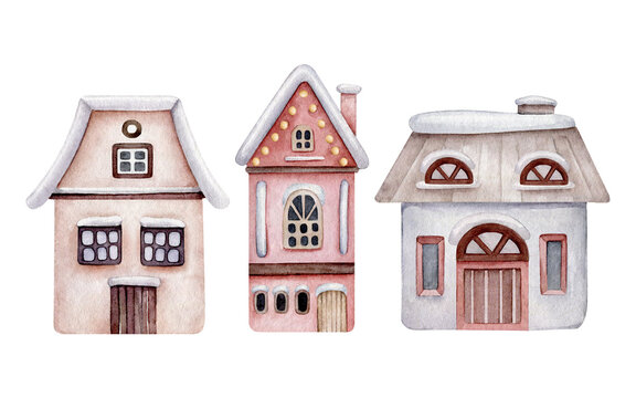 Watercolor decorative house in snow.Christmas houses set