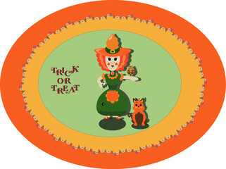 Halloween themed card with the witch with cat on the yellow and green  background