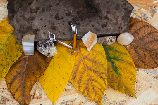Jewelry and natural semi-precious stones - citrine, yellow quartz, landscape jasper, agate, septaria - lie on the autumn leaves crushed by a stone with raindrops.