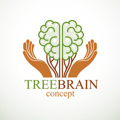 Tree Brain concept, the wisdom of nature, intelligent evolution. Human anatomical brain in a shape of green tree with carrying hands. Brain feeding with diet products. Vector logo or icon design.