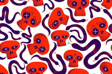 Skulls and snakes seamless textile pattern, horror sculls and serpents endless wallpaper background, cartoon style, death and heavy metal culture music fashion theme.