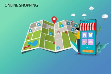 Concept of online shopping, young man wear a medical white mask and hold a smart phone to order a new shoe in a background of big map and marker in perspective view. Vector 3D design.