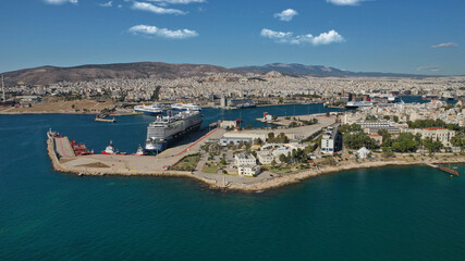Aerial drone photo of busy port of Piraeus one of the largest in Mediterranean sea, Attica, Greece