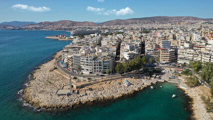 Fototapeta premium Aerial drone photo of busy port of Piraeus one of the largest in Mediterranean sea, Attica, Greece