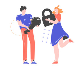 Young couple. A man holds a key, a woman a closed lock. Vector flat illustration.