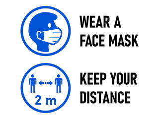 Set of Round Sticker Icons for Coronavirus Measures including Wear a Face Mask and Keep Your Distance 2m or 2 Metres. Vector Image.
