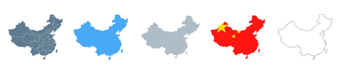 China Map Set - Vector Solid, Contour, Regions, Flag, Pixels