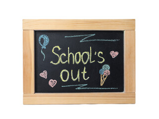 Blackboard with words School's Out and pictures isolated on white. Summer holidays