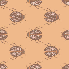 Brown colored scarab beetles seamless pattern. Doodle animal print on beige background. Exotic botanic pattern.