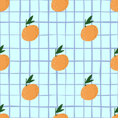 Stylized cartoon seamless pattern with doodle orange mandarin silhouettes. Light blue chequered background. Simple food backdrop.
