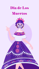 Social media layout in honor Day of the Dead. Dia de Los Muertos. Vertical banner, story template.Catrina - skeleton woman with painted skull. Editable vector illustration, text and plain background