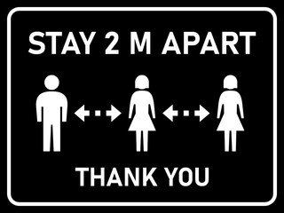 Stay 2 M or 2 Metres Apart Thank You Horizontal Social Distancing Instruction Sign with an Aspect Ratio of 4:3. Vector Image.