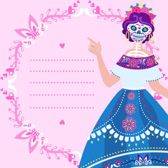 Dia de Los Muertos - square greeting card with place for text and Catrina. Cute layout of blank with lines for Day of the Dead. Also suitable like paper for writing letters to your dear souls