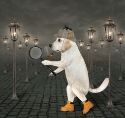 A dog detective in a plaid hat and shoes is holding a big magnifying glass on the street at night.