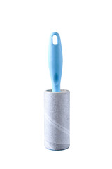 Special white lint roller for cleaning clothes on a white isolate background. Removing wool, hair and dirt from sweaters, dresses. Selective focus.