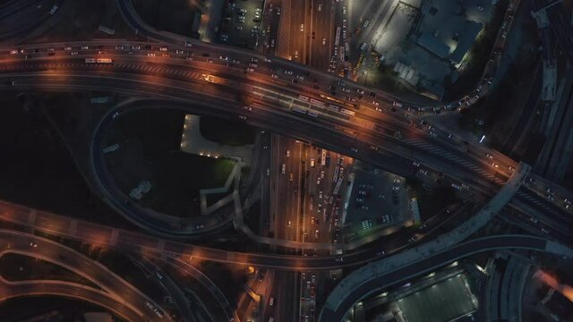 Aerial Establishing Shot of Huge Freeway Intersection at Dusk in Istanbul, Birds Eye View Overhead Drone Shot