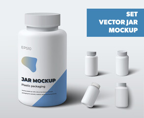 Mockup vector plastic jars with screw cap, white pill bottles, vitamin, for design presentation.