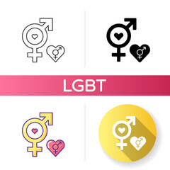 Bisexual symbol icon. Gender identification problem. Gay relationship ideas. Rainbow pride flag. Society movement. Linear black and RGB color styles. Isolated vector illustrations