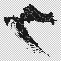 Croatia Map - Vector Solid Contour and State Regions on Transparent Background