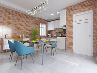 There are tables and chairs in the dining room of Nordic style