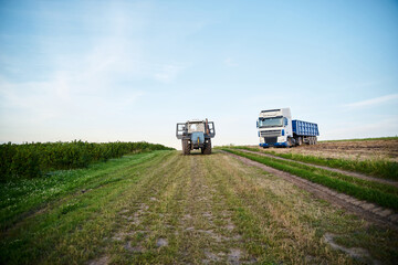 Currant production in countryside. Agricultural machinery on beautiful green field. Local cultivation development. Ecological conservation concept. Two trucks working in the village.