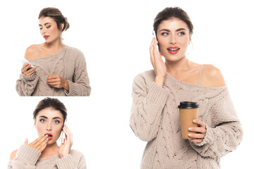 collage of stylish, emotional woman in knitted sweater using mobile phone and holding coffee to go isolated on white