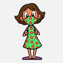 Cute Girl wearing mask and get ready to school in the new normal, good for illustration back to school in the new normal after COVID-19 Pandemic, Cartoon Vector
