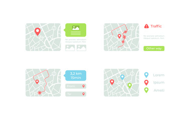 Maps with routes UI elements kit. Traffic information. GPS isolated vector icon, bar and dashboard template. Web design widget collection for mobile application with light theme interface