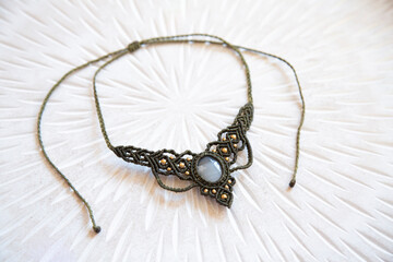 Macrame technique waxed string necklace with gemstone