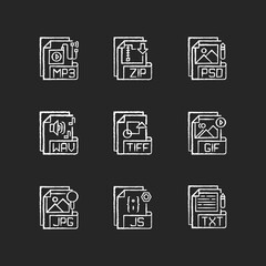 File formats chalk white icons set on black background. Various types. Audio, lossless compression, web, raster image, text files. Storing music. Isolated vector chalkboard illustrations