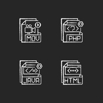 File types chalk white icons set on black background. MOV. PHP. JAVA. HTML. Video, web, executable files. Source code. Compression algorithm. Isolated vector chalkboard illustrations
