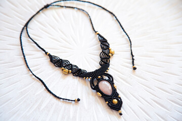 Macrame technique waxed string necklace with gemstone rose quartz