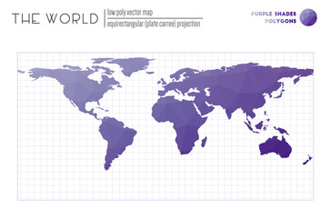 World map in polygonal style. Equirectangular (plate carree) projection of the world. Purple Shades colored polygons. Elegant vector illustration.