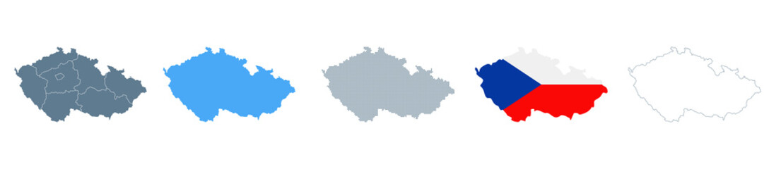 Fototapeta premium Czech Republic Map Set - Vector Solid, Contour, Regions, Flag, Pixels