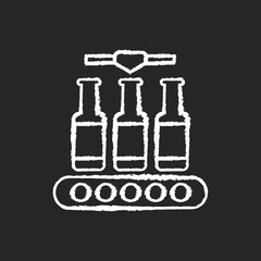 Bottling chalk white icon on black background. Industrial alcohol production. Packing beverage on conveyor belt. Automated process of packaging beer. Isolated vector chalkboard illustration
