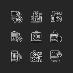Beer production technology chalk white icons set on black background. Alcohol by volume. Cooling and boiling step in beer manufacture production. Isolated vector chalkboard illustrations