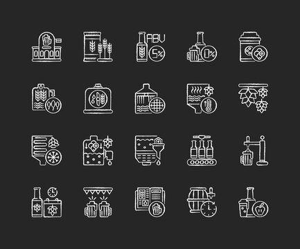 Brewing chalk white icons set on black background. Beer production. Factory produce alcohol drink. Fermentation and filtering of beverage. Pub with lager. Isolated vector chalkboard illustrations