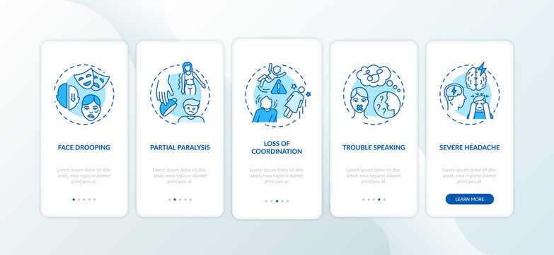 Brain stroke blue onboarding mobile app page screen with concepts. Neurology problem. Brain health care walkthrough 5 steps graphic instructions. UI vector template with RGB color illustrations