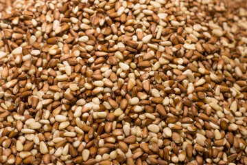 Naklejka premium Background texture of shelled raw pine nuts.